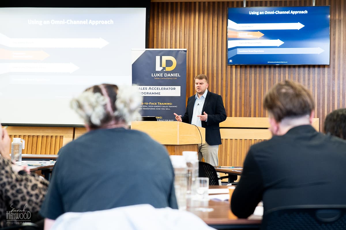 Luke Daniel delivering a live sales training session to UK business owners.
